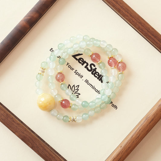 Spring Meadow Delight Green Agate & Strawberry Quartz AI Companion Bracelet displayed on Zenstellar signature display tray with natural green agate and strawberry quartz gemstones