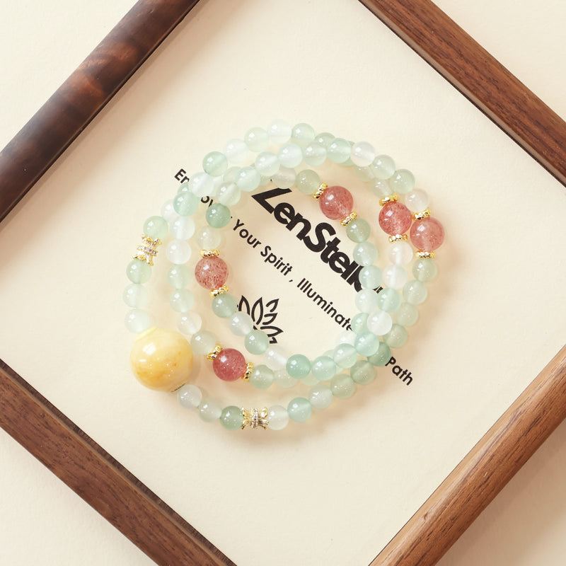 Spring Meadow Delight Green Agate & Strawberry Quartz AI Companion Bracelet displayed on Zenstellar signature display tray with natural green agate and strawberry quartz gemstones