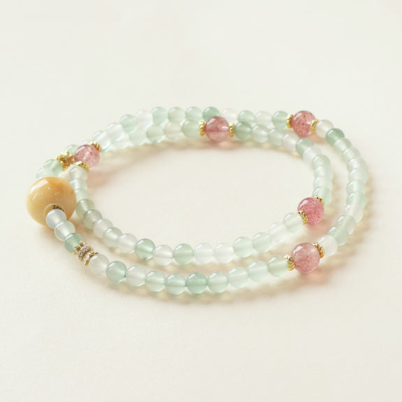 Spring Meadow Delight Green Agate & Strawberry Quartz Crystal Bracelet featuring natural green agate beads, strawberry quartz accents and handcrafted gemstone design