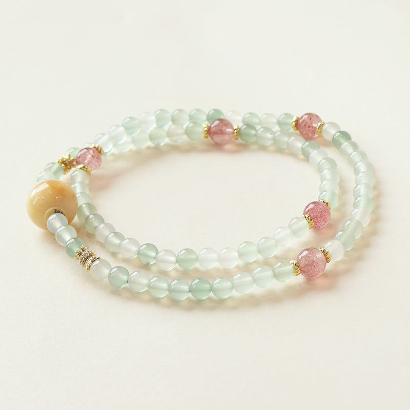 Spring Meadow Delight Green Agate & Strawberry Quartz Crystal Bracelet featuring natural green agate beads, strawberry quartz accents and handcrafted gemstone design