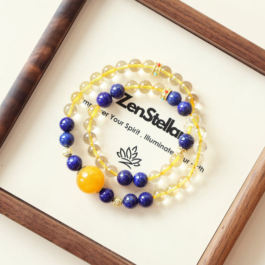 Stellar Horizon AI Companion Bracelet displayed with Citrine, Lapis Lazuli, and Clear Quartz gemstones on Zenstellar presentation card