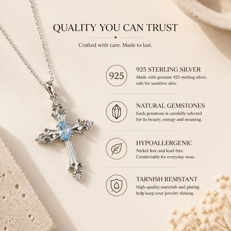 Sterling silver cross necklace materials and natural gemstone details close up view