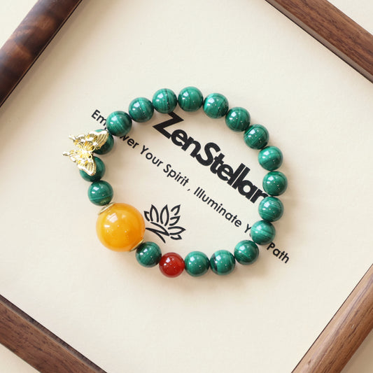 Verdant Lattice Quiet Crystal Bracelet displayed on Zenstellar presentation card under warm natural lighting highlighting crystal energy design and AI companion NFC concept