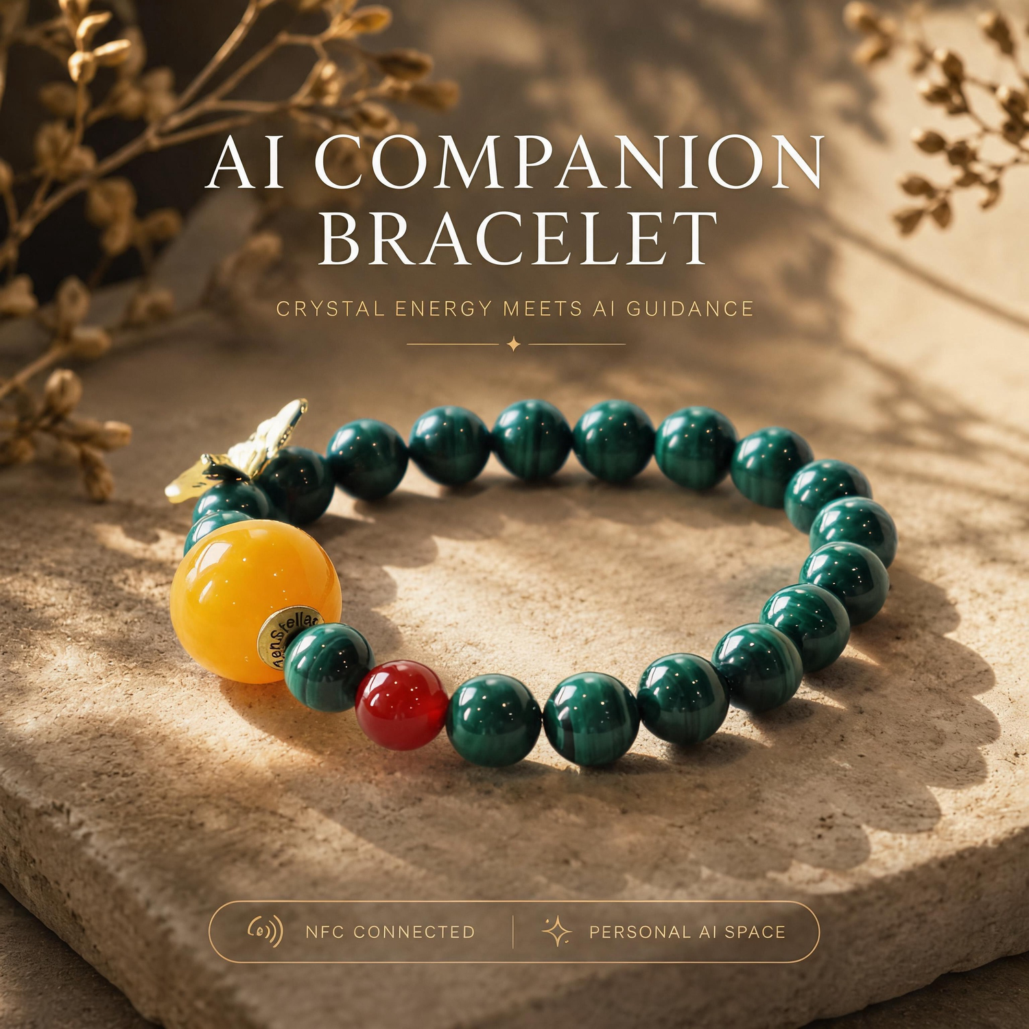 Verdant Lattice Quiet Crystal Bracelet crafted with Malachite, Red Agate, and butterfly charm with signature AI companion bead