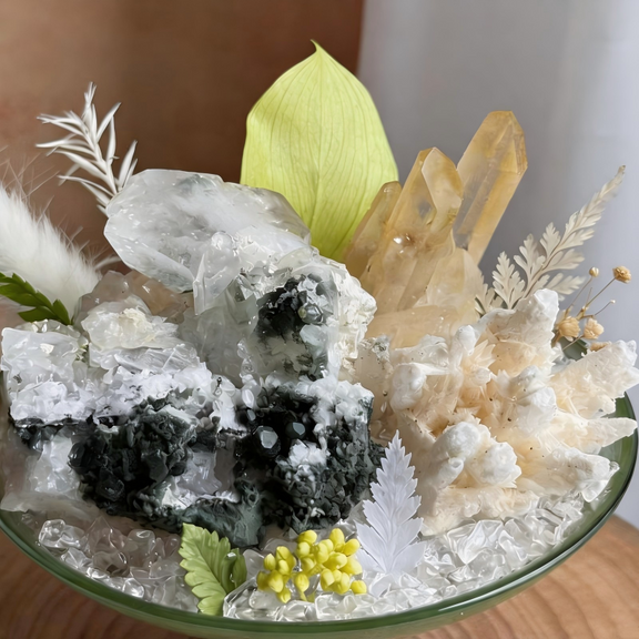 Detailed view of Green Phantom Quartz, Citrine Points, Zeolite Cluster, and Clear Quartz Chips in the Verdant Stillness Crystal Garden